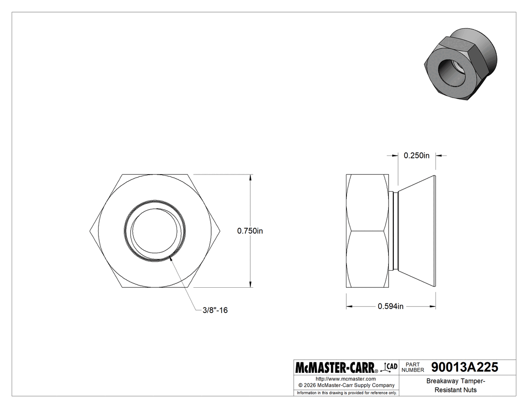 Technical Drawing of Breakaway Tamper-Resistant Nuts, Aluminum, 3/8"-16 Thread Size.